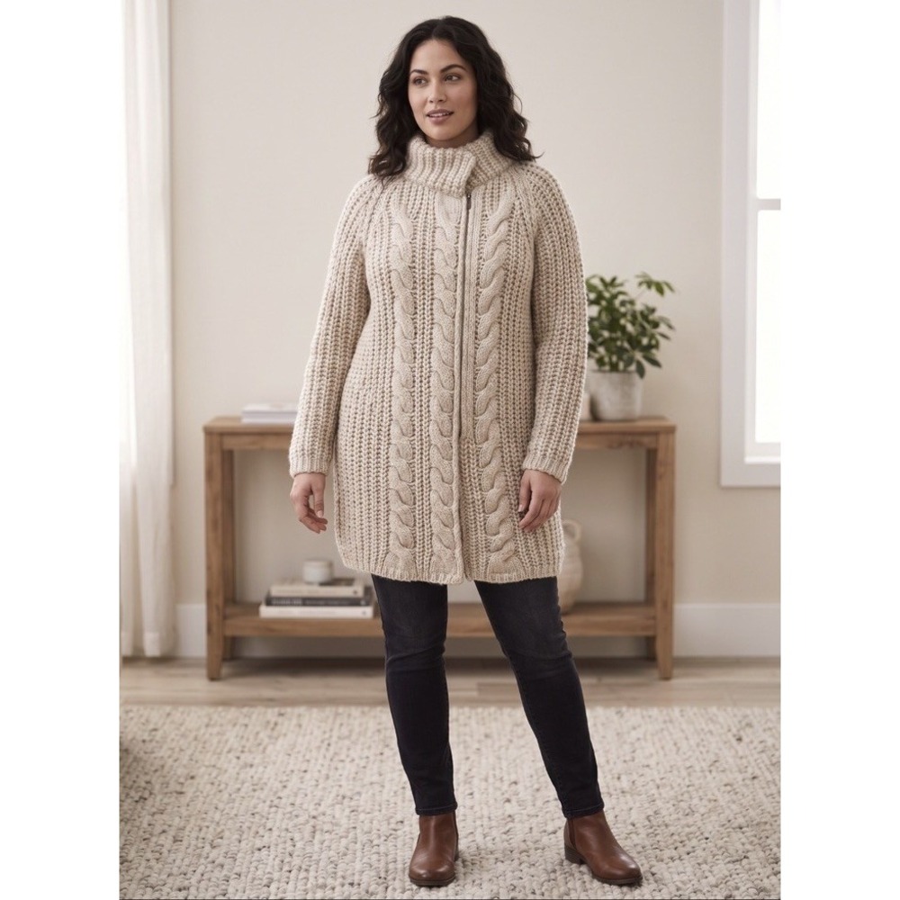 Elsamanda Italian Wool Alpaca Blend Chunky Cable Knit Zip Up Long Cardigan SZ L